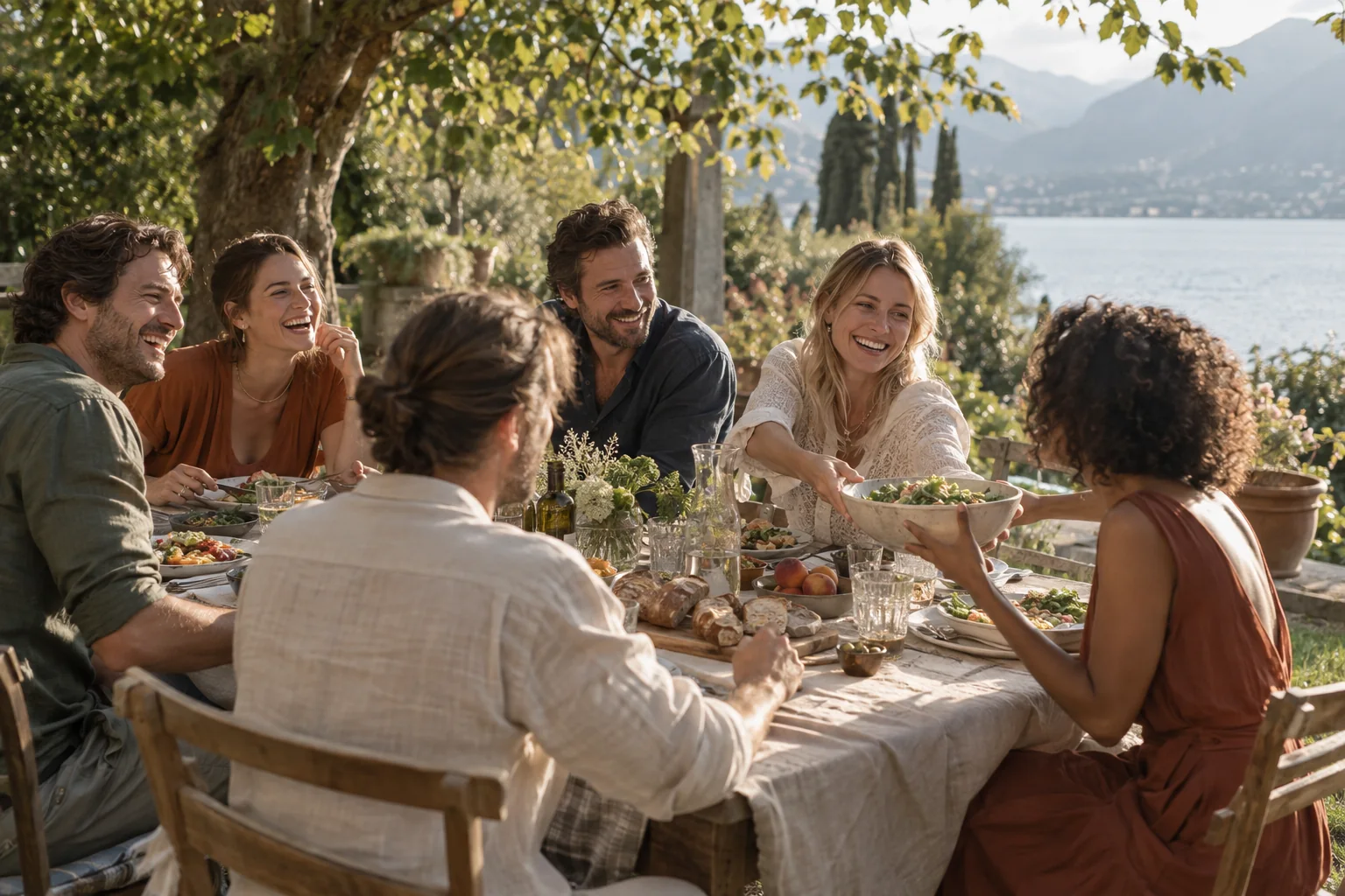 Amigos compartiendo una cena al aire libre junto al lago